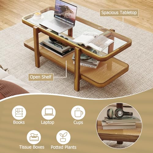 47.5" Rectangle Solid Wood Coffee Table with Tempered Glass Tabletop T3752