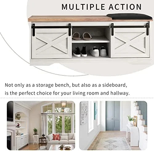 42” Rustic Solid Wood Shoe Bench with Linen Cushion R243736