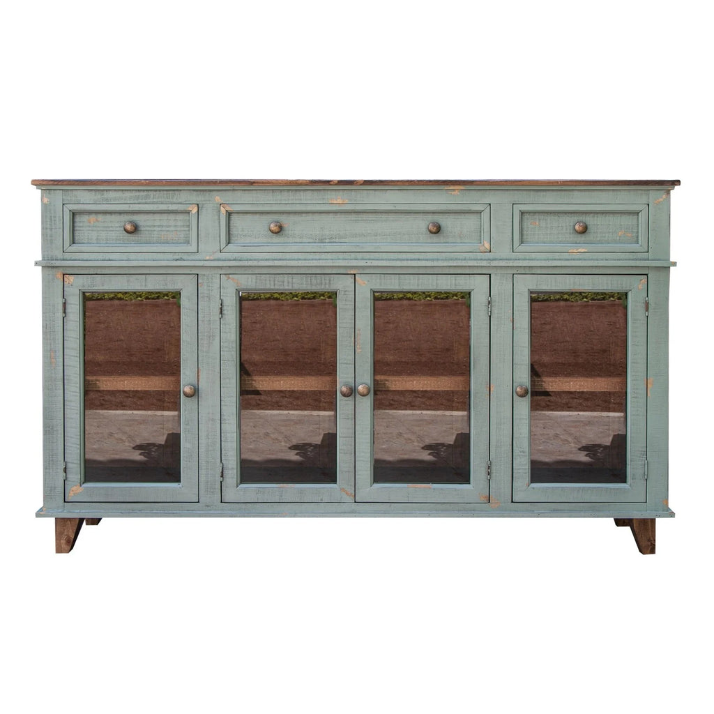 70 in. 4 Glass Doors Teal Blue Pine Wood Console Sideboard Cabinet Z47801