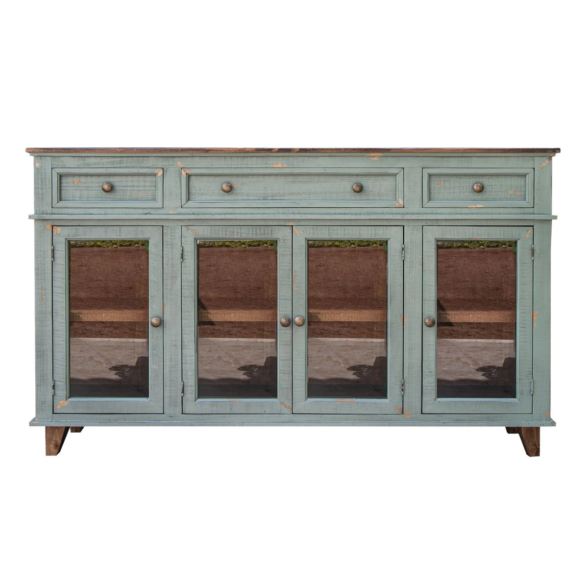 70 in. 4 Glass Doors Teal Blue Pine Wood Console Sideboard Cabinet Z47801