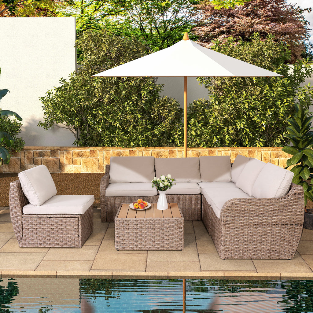 7 Pcs Half-Round Rattan Patio Furniture Set with Cushion and Table H579