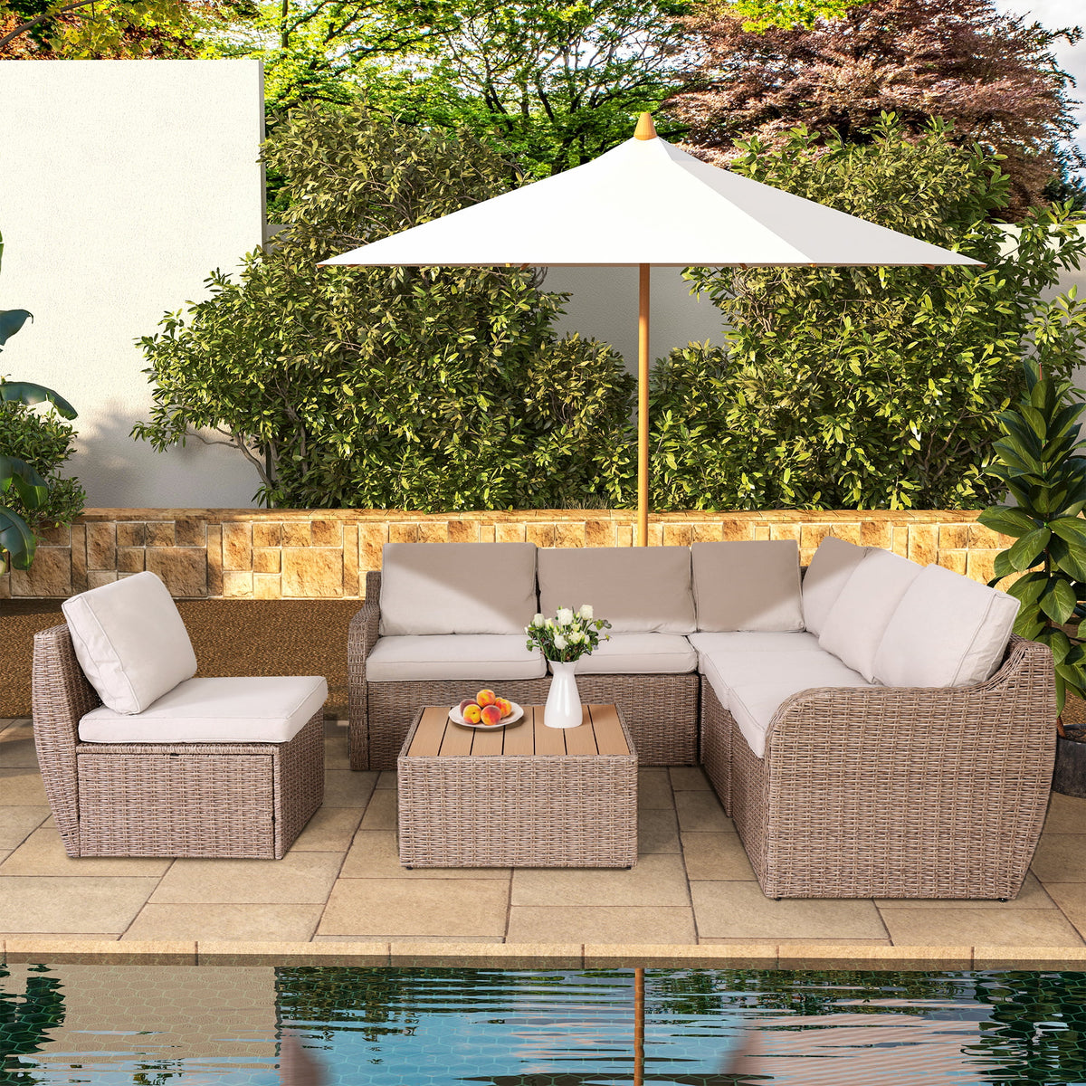 7 Pcs Half-Round Rattan Patio Furniture Set with Cushion and Table H579