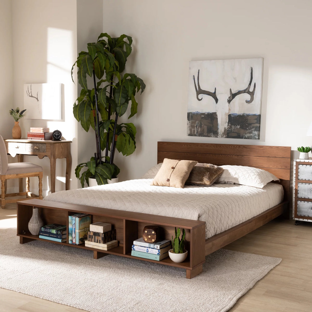 Ash Walnut Brown Wood Full Size Platform Storage Bed with Built-In Shelves N7765