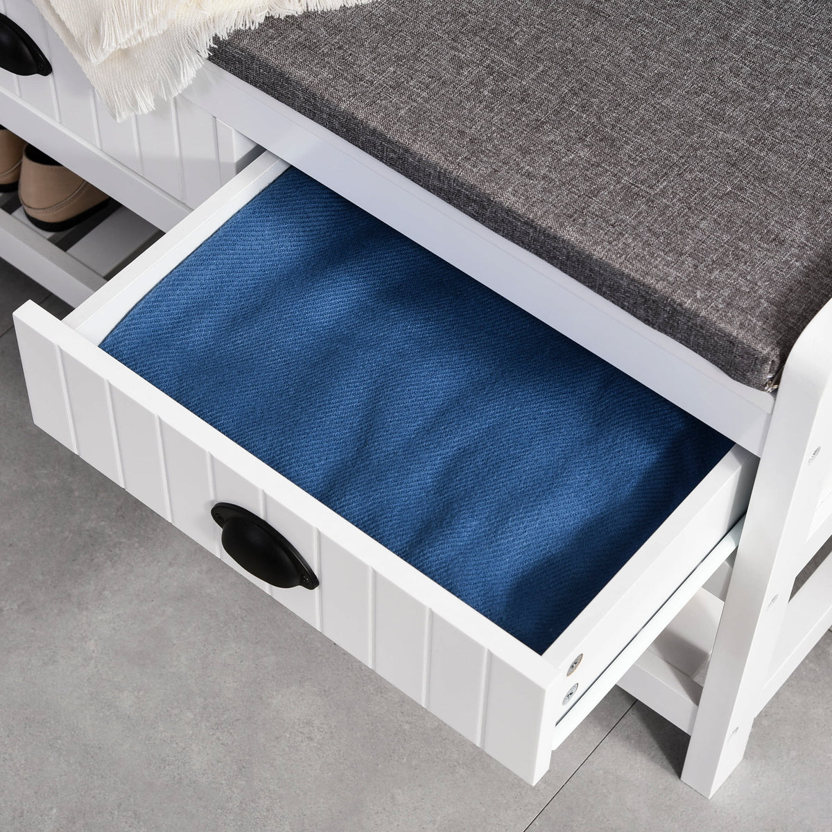 White Coat Rack and Bench with 4 Hooks, 2 Drawers S5589