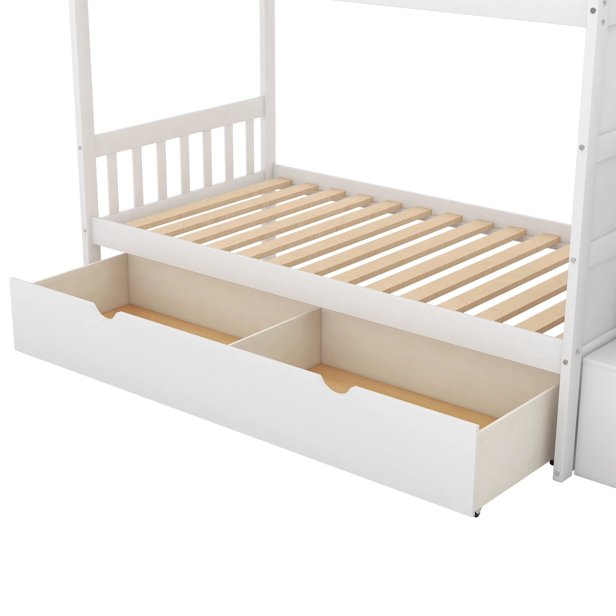 White Twin over Twin Bunk Bed with Drawer and Cabinet G7120