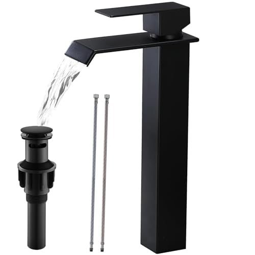 Black Single Handle Stainless Steel Waterfall Vessel Sink Faucet with Drain F9035