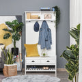 White Coat Rack and Bench with 4 Hooks, 2 Drawers S5589