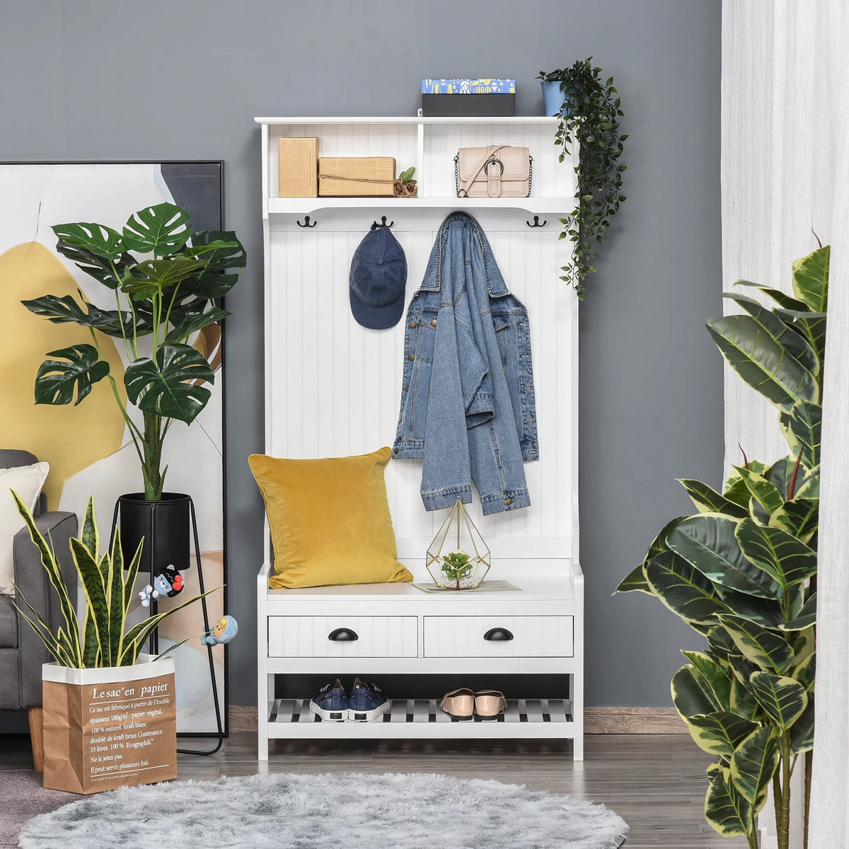 White Coat Rack and Bench with 4 Hooks, 2 Drawers S5589