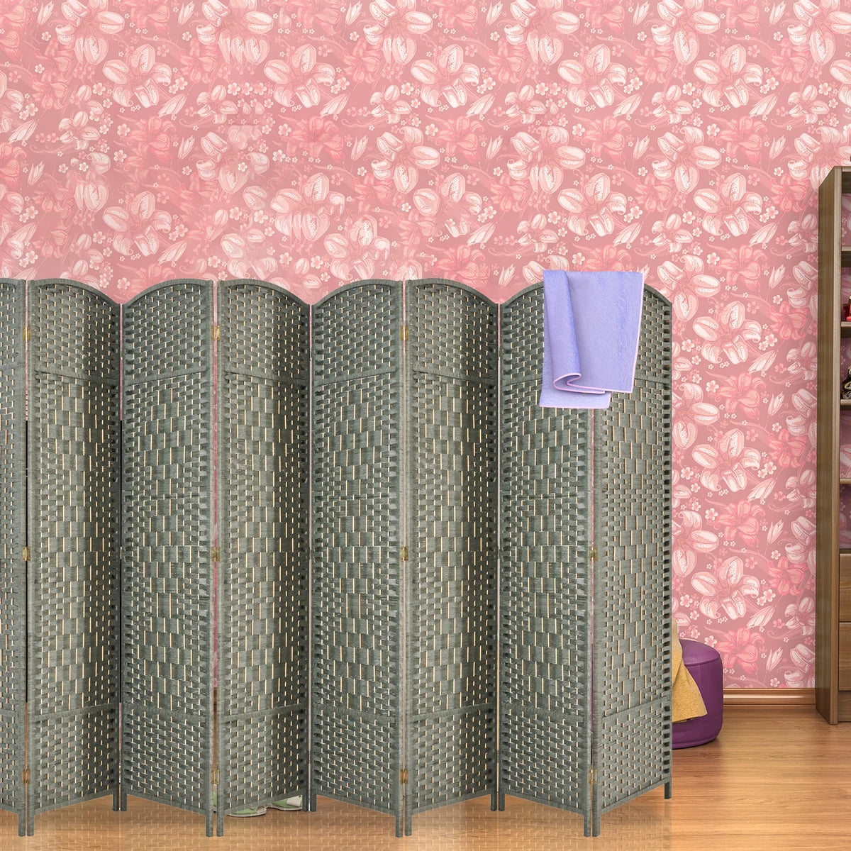5.7ft Wood Fiber Woven 8 Panels Grey Wood Room Divider O385261