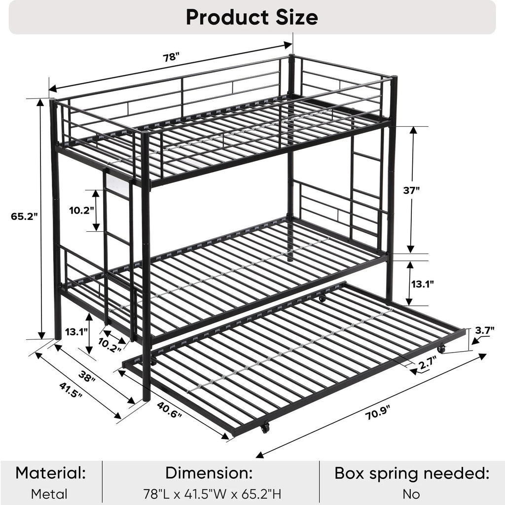 Black Twin Over Twin Metal Bunk Bed with Trundle and Safety Rails V8937