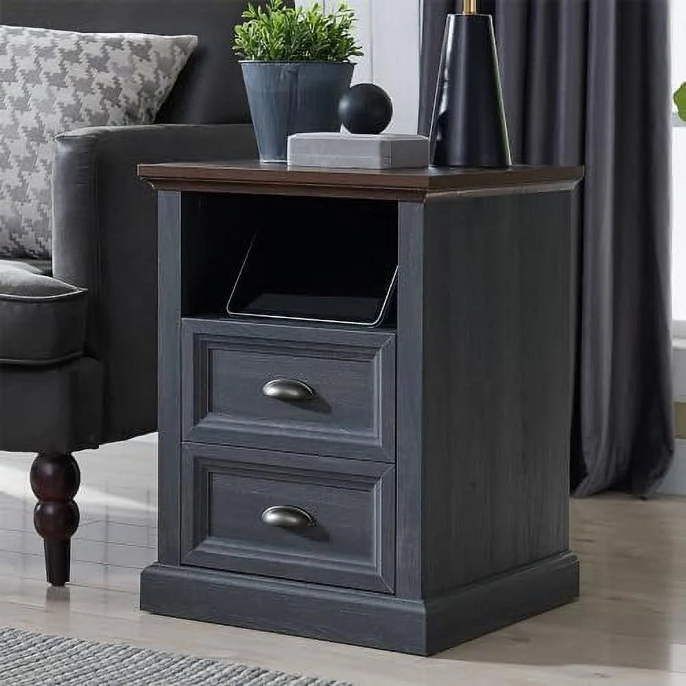 Dark Grey 2 Drawer Wood Nightstand with Charging Station F3279