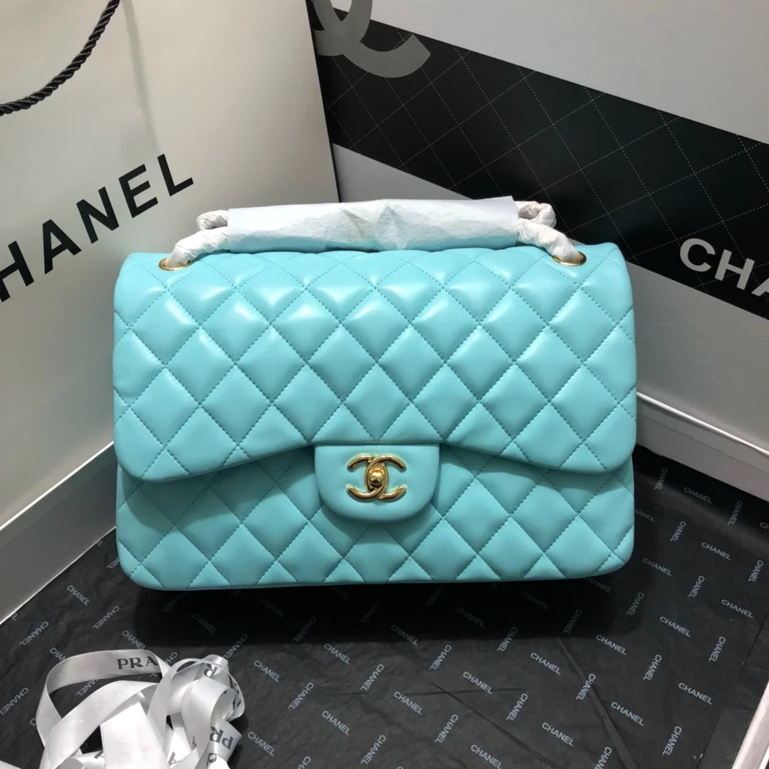 Large Classic Handbag Gold Hardware Blue 11.8in/30cm R687
