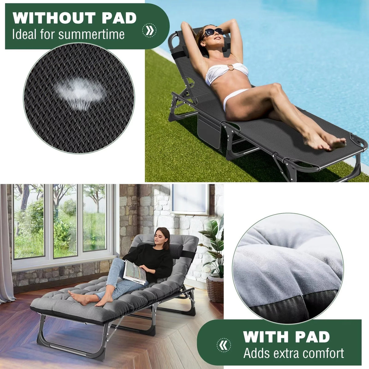 Portable Folding Lounge Chair Adjustable 4-Position with Pillow D739