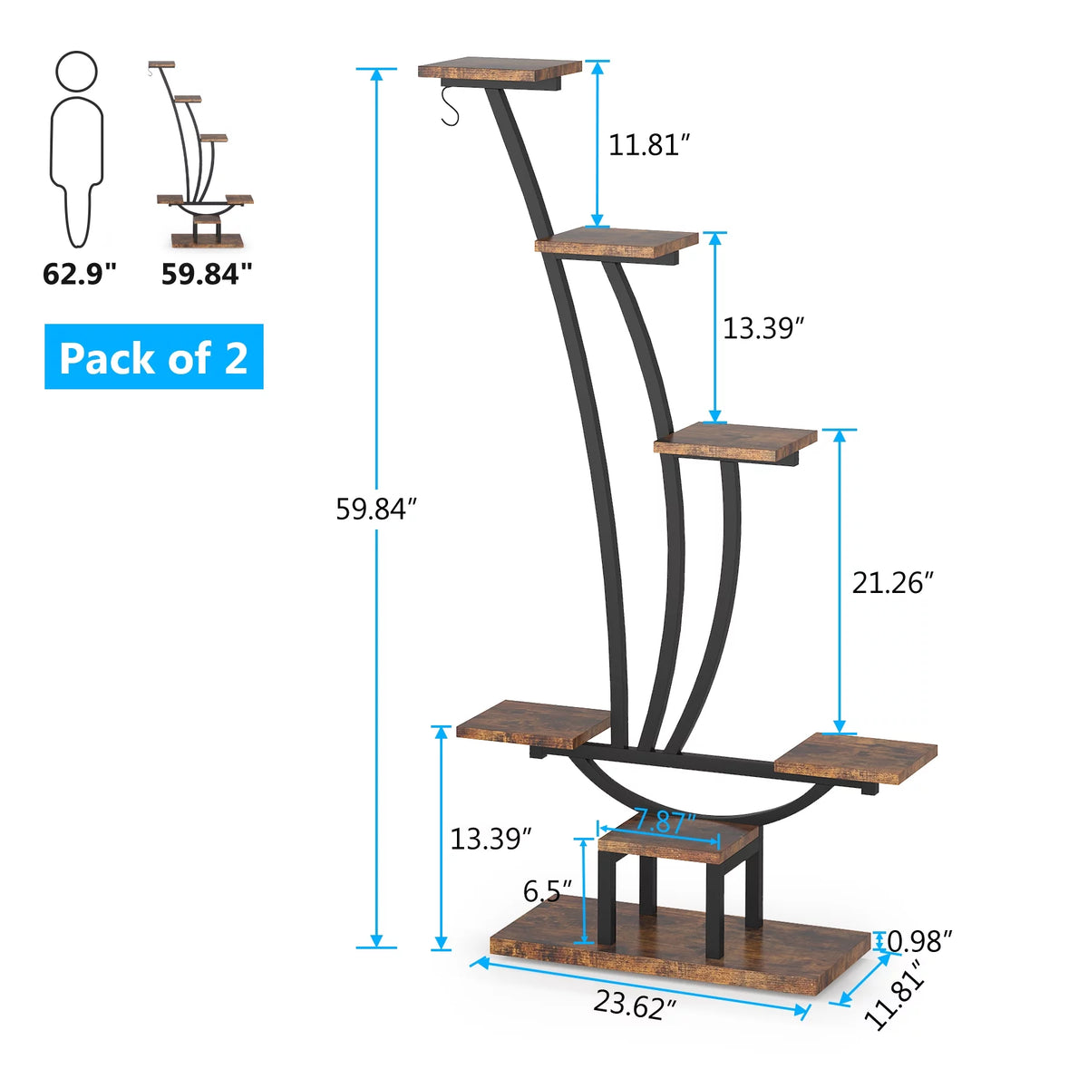 Brown Wood 6-Tier Plant Stand with Hooks J4404