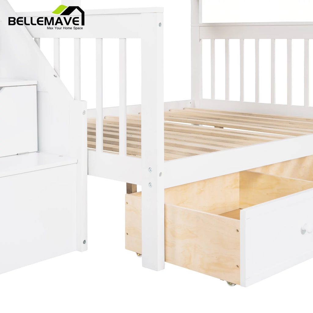 L-Shaped Twin over Full Size Bunk Beds with Storage Stairs and Drawers O4720