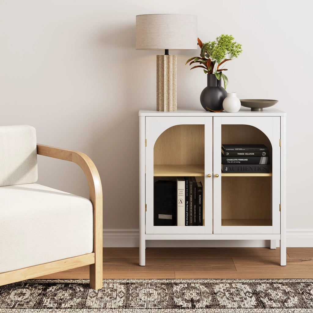 White Free Standing Sideboard Buffet with Glass Doors and Adjustable Shelf B81952