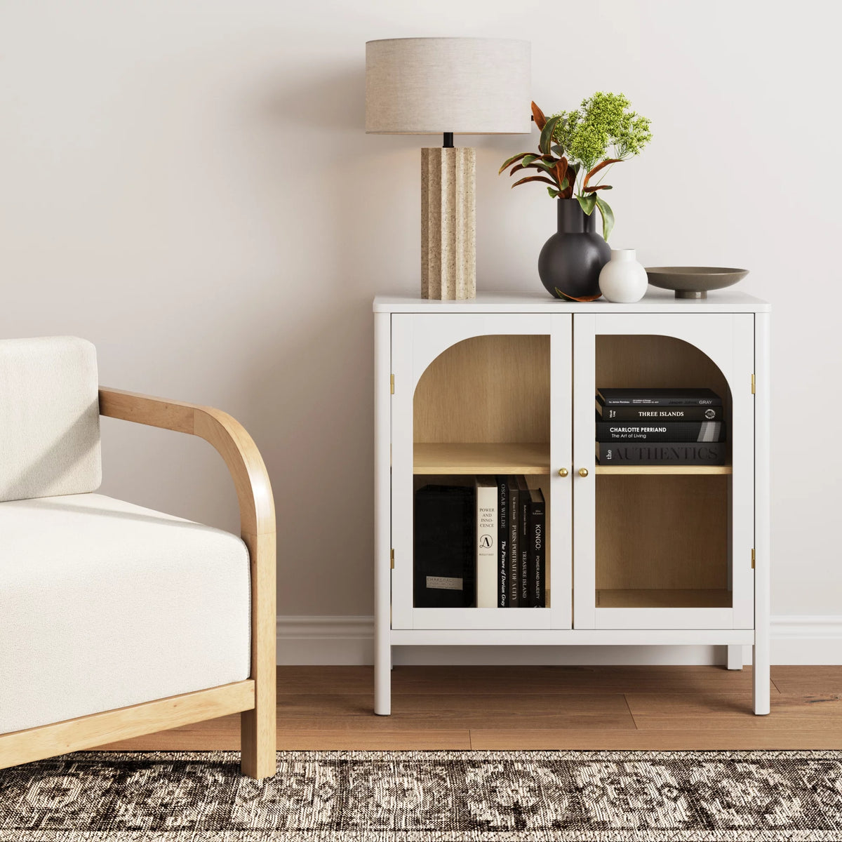 White Free Standing Sideboard Buffet with Glass Doors and Adjustable Shelf B81952