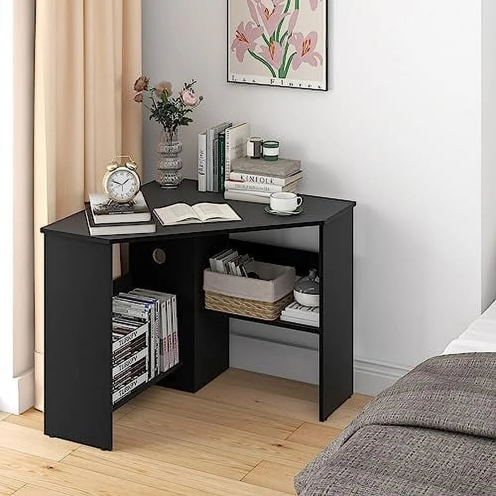 Black Corner Computer Desk with Shelves C24135