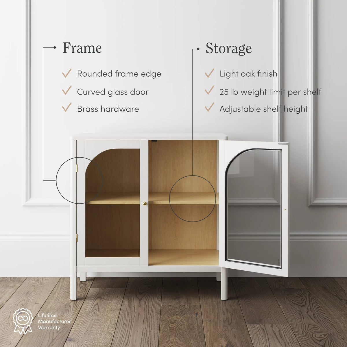 White Free Standing Sideboard Buffet with Glass Doors and Adjustable Shelf B81952