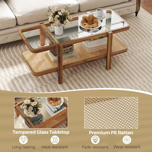 47.5" Rectangle Solid Wood Coffee Table with Tempered Glass Tabletop T3752