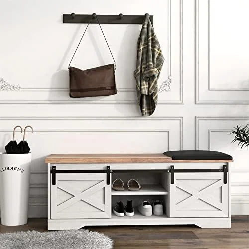 42” Rustic Solid Wood Shoe Bench with Linen Cushion R243736