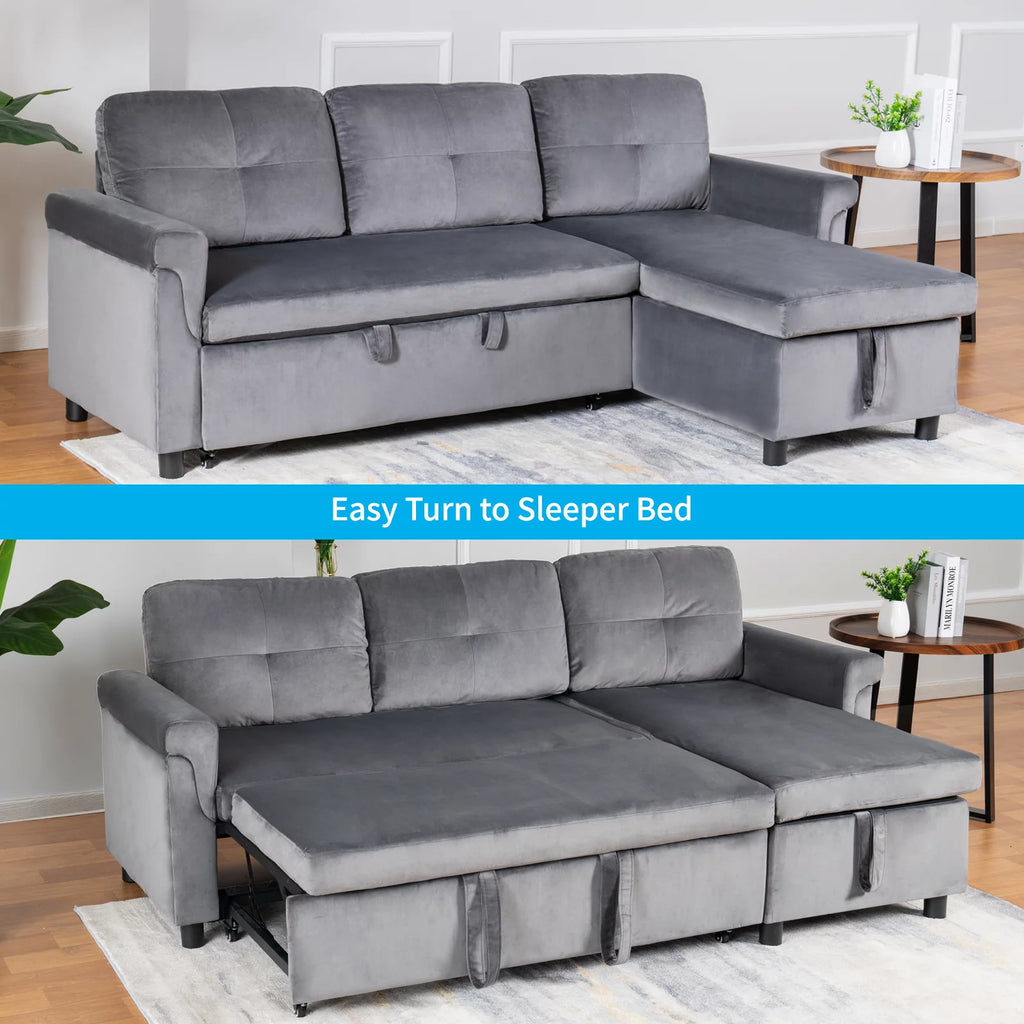 Light Gray Velvet Reversible Sectional Sofa with Storage Chaise P30813