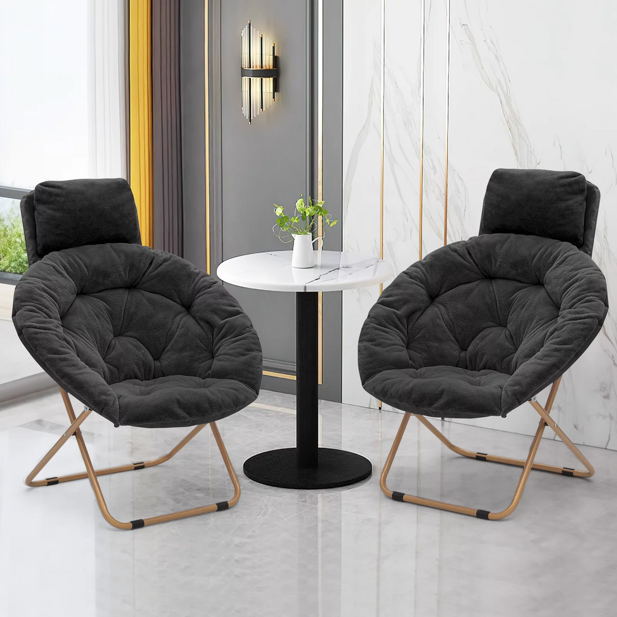Black Faux Fur Folding Saucer Chairs with Pillow M63824