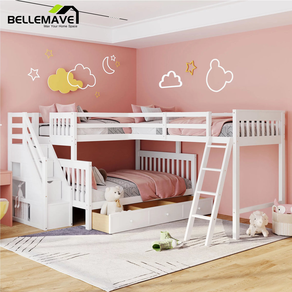 L-Shaped Twin over Full Size Bunk Beds with Storage Stairs and Drawers O4720
