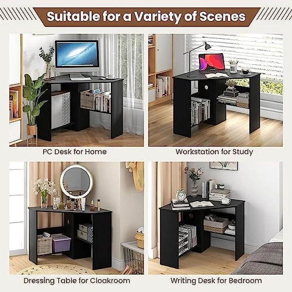 Black Corner Computer Desk with Shelves C24135