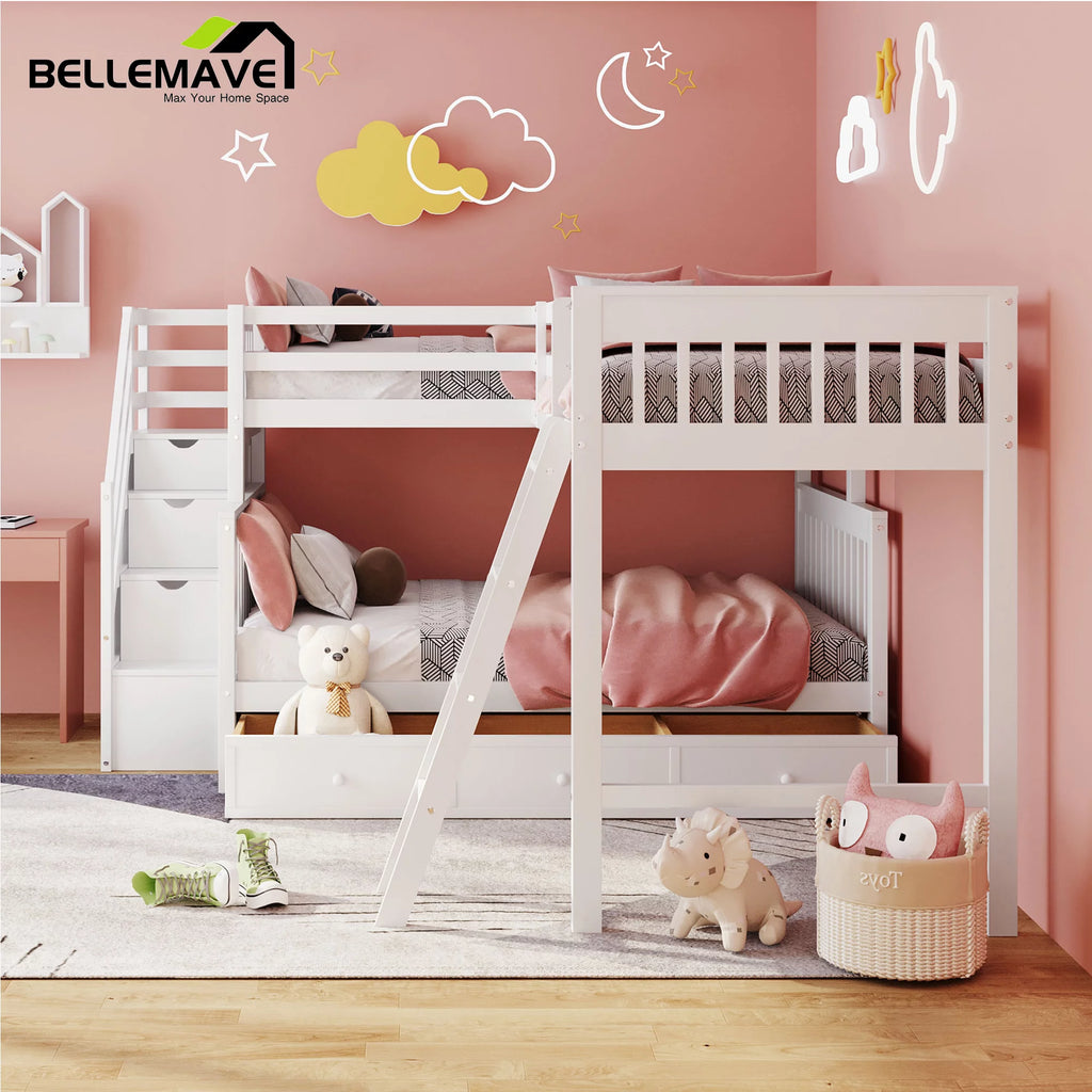L-Shaped Twin over Full Size Bunk Beds with Storage Stairs and Drawers O4720