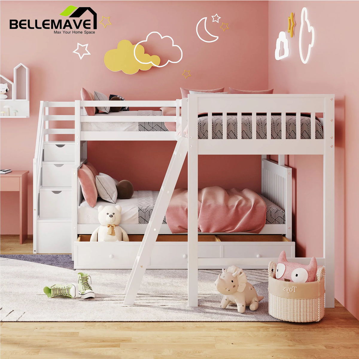 L-Shaped Twin over Full Size Bunk Beds with Storage Stairs and Drawers O4720