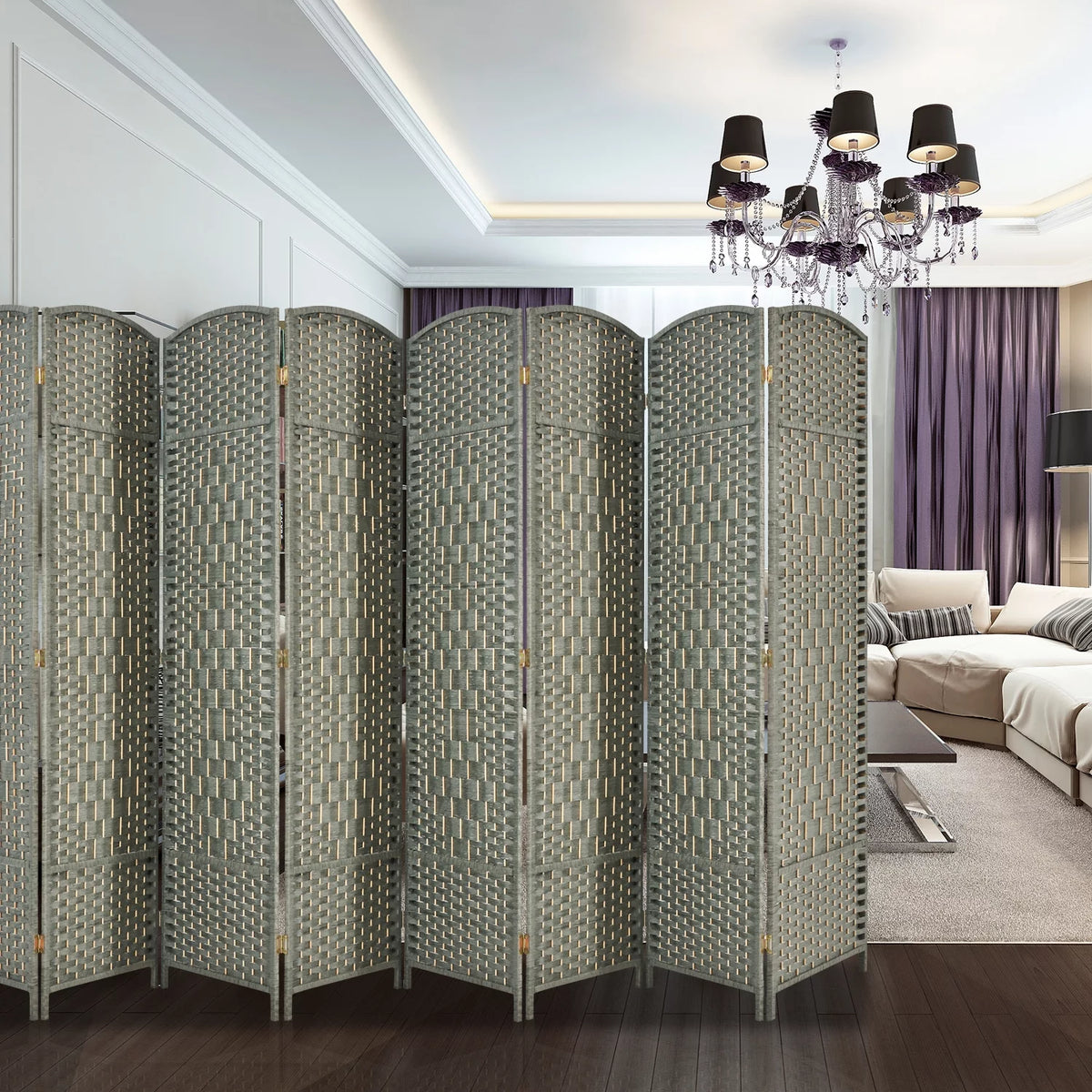 5.7ft Wood Fiber Woven 8 Panels Grey Wood Room Divider O385261