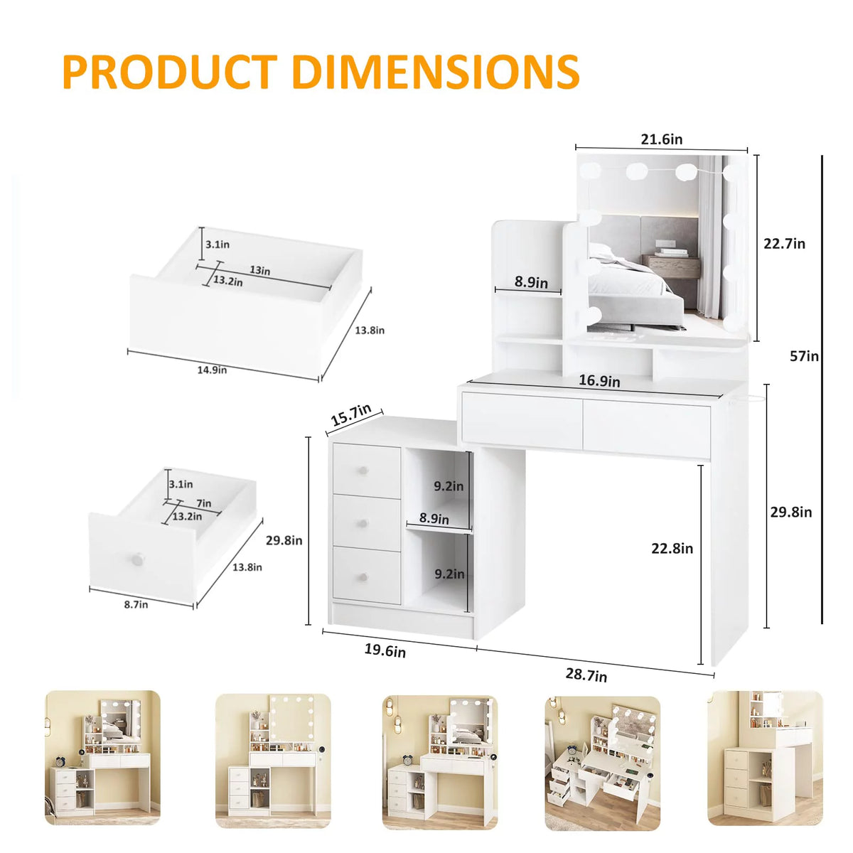 White Makeup Vanity with Lights and Mirror F69235