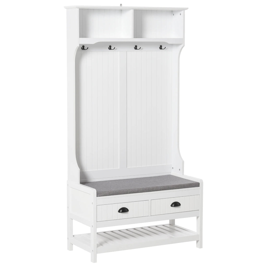 White Coat Rack and Bench with 4 Hooks, 2 Drawers S5589
