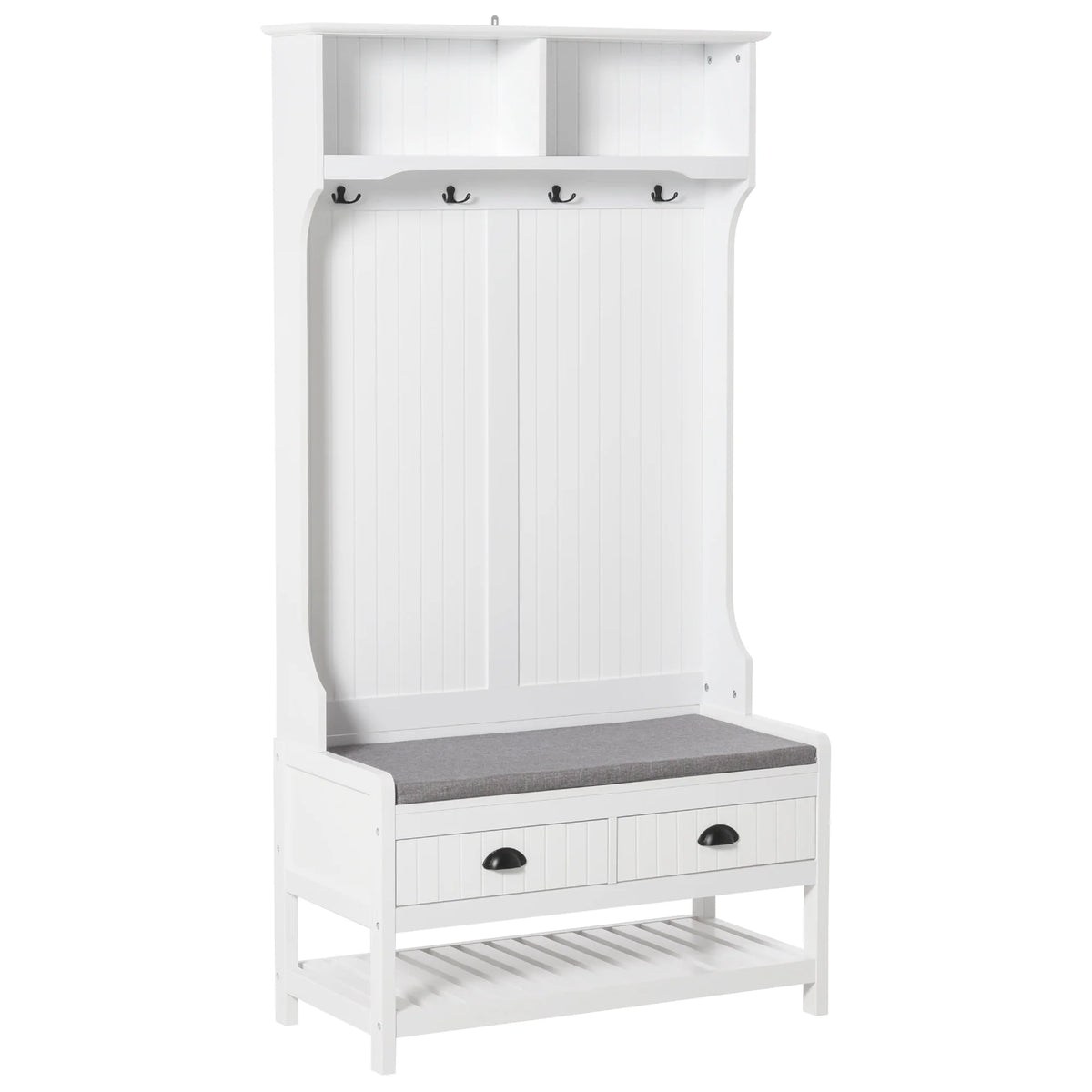 White Coat Rack and Bench with 4 Hooks, 2 Drawers S5589