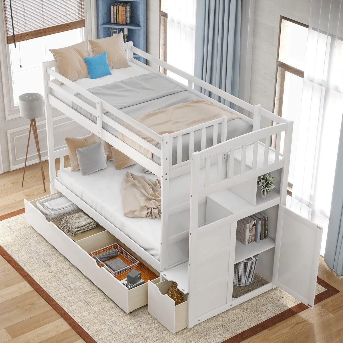 White Twin over Twin Bunk Bed with Drawer and Cabinet G7120