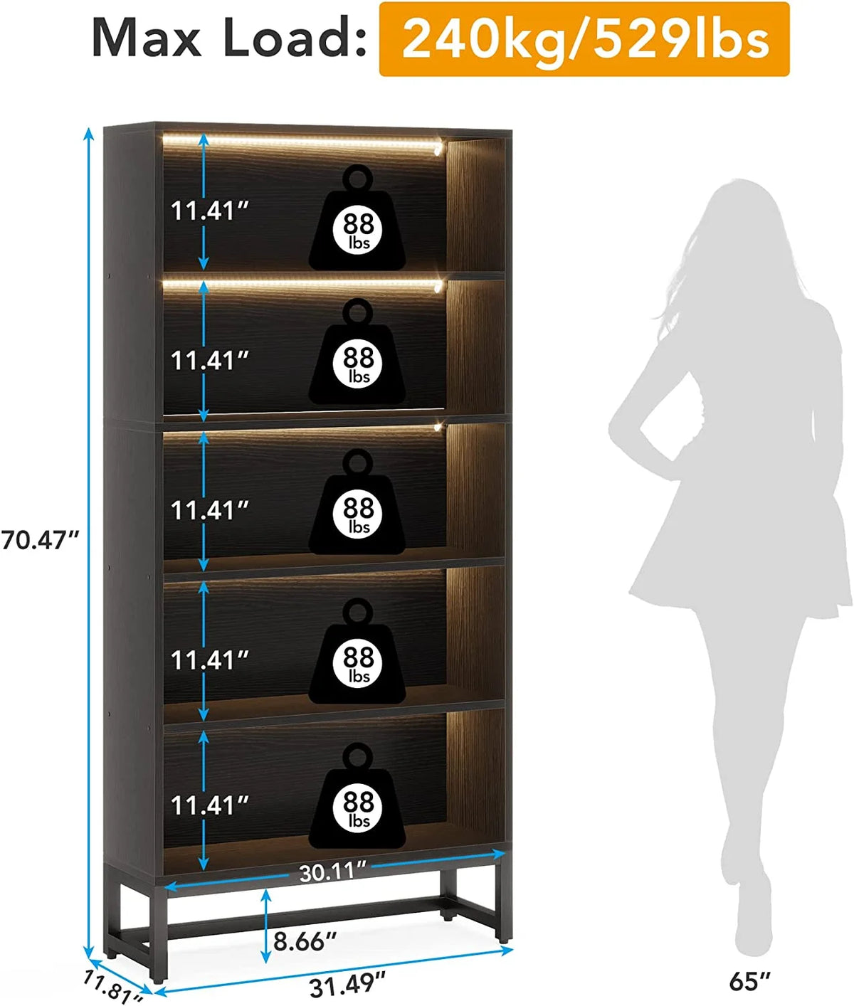 5 Shelf Bookcase with Led Lights U59109