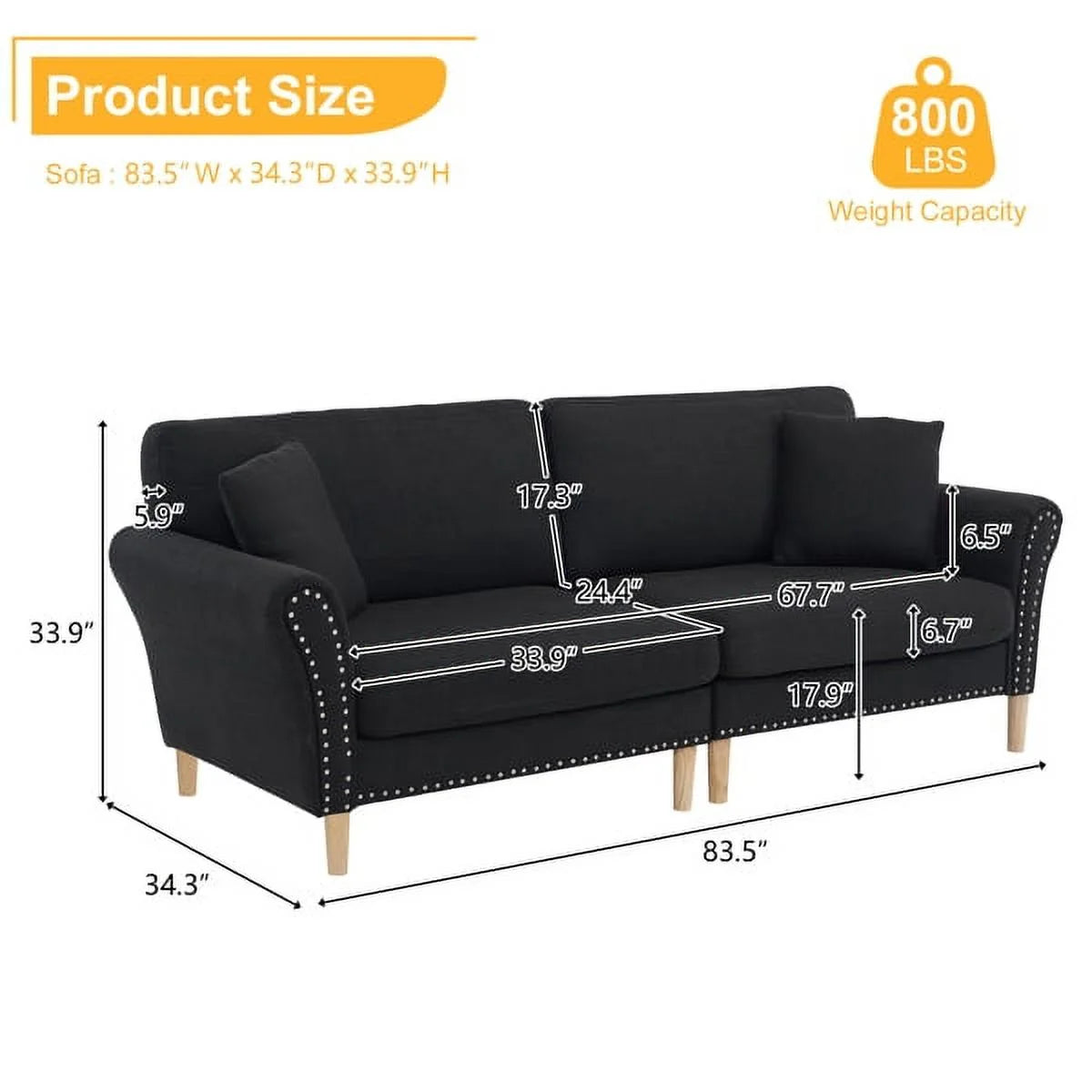 Black Upholstered 2-Seat Sofa with 2 Pillows N262