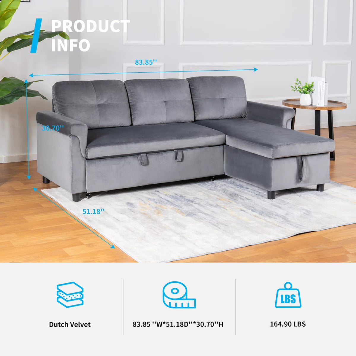 Light Gray Velvet Reversible Sectional Sofa with Storage Chaise P30813