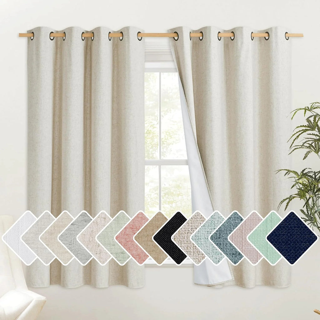 Natural 100% Blackout Linen Kitchen Curtains 63 inch 2 Panels X529