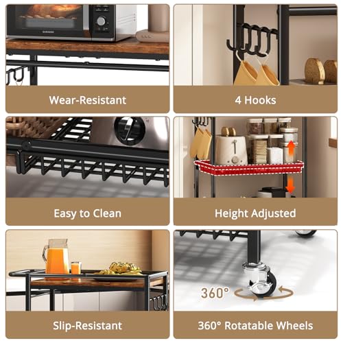 Microwave Kitchen Cart with Push Handle, 3 Tire Rolling Cart with 210Lbs Capacity, Vintage Kitchen Storage Cart with 2 Lockable Wheels E42424