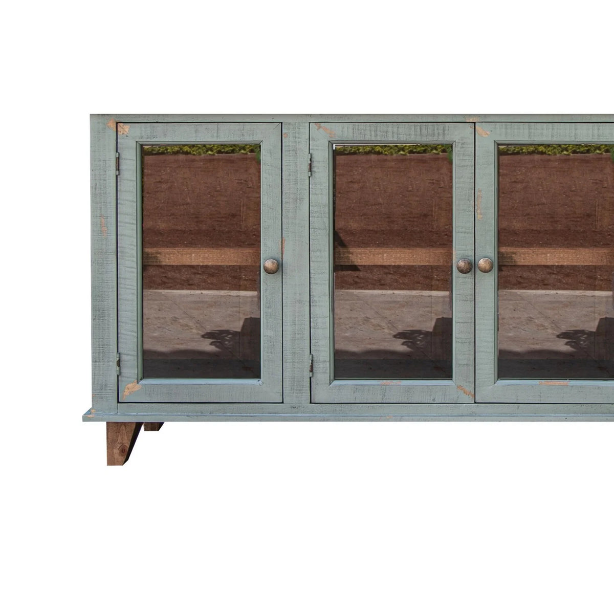 70 in. 4 Glass Doors Teal Blue Pine Wood Console Sideboard Cabinet Z47801