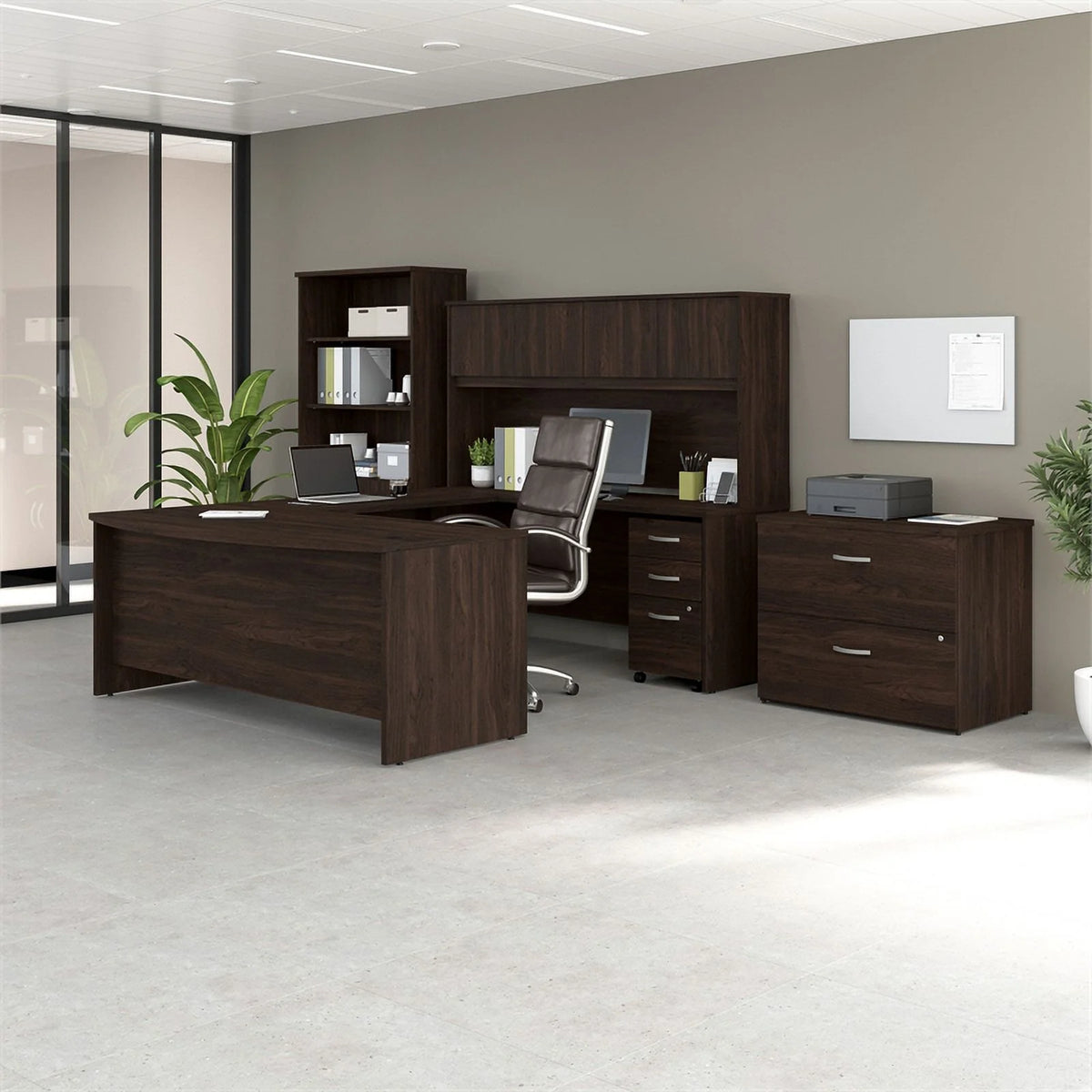 72W Black Walnut Engineered Wood Desk with Hutch and Storage J223