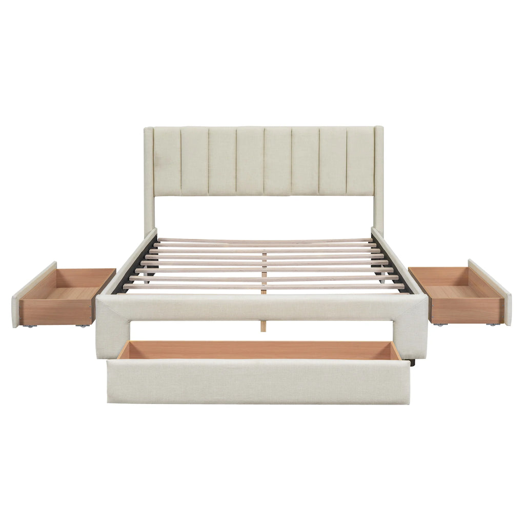 Beige Queen Size Upholstered Platform Bed with 3 Storage Drawers Q850934