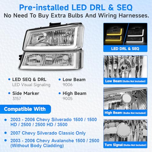 Headlight Assembly with LED DRL Sequential Turn Light Chrome Housing Clear Reflector Z278