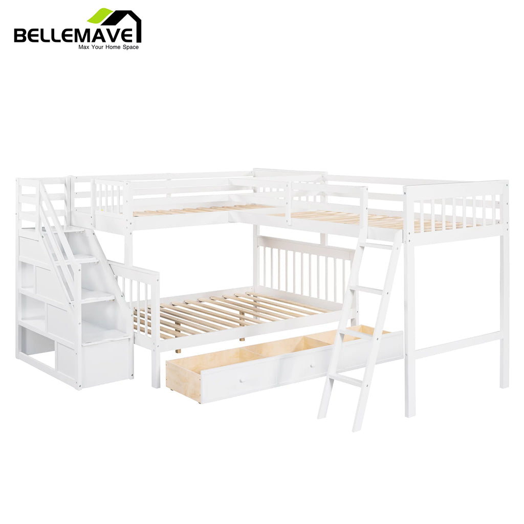 L-Shaped Twin over Full Size Bunk Beds with Storage Stairs and Drawers O4720
