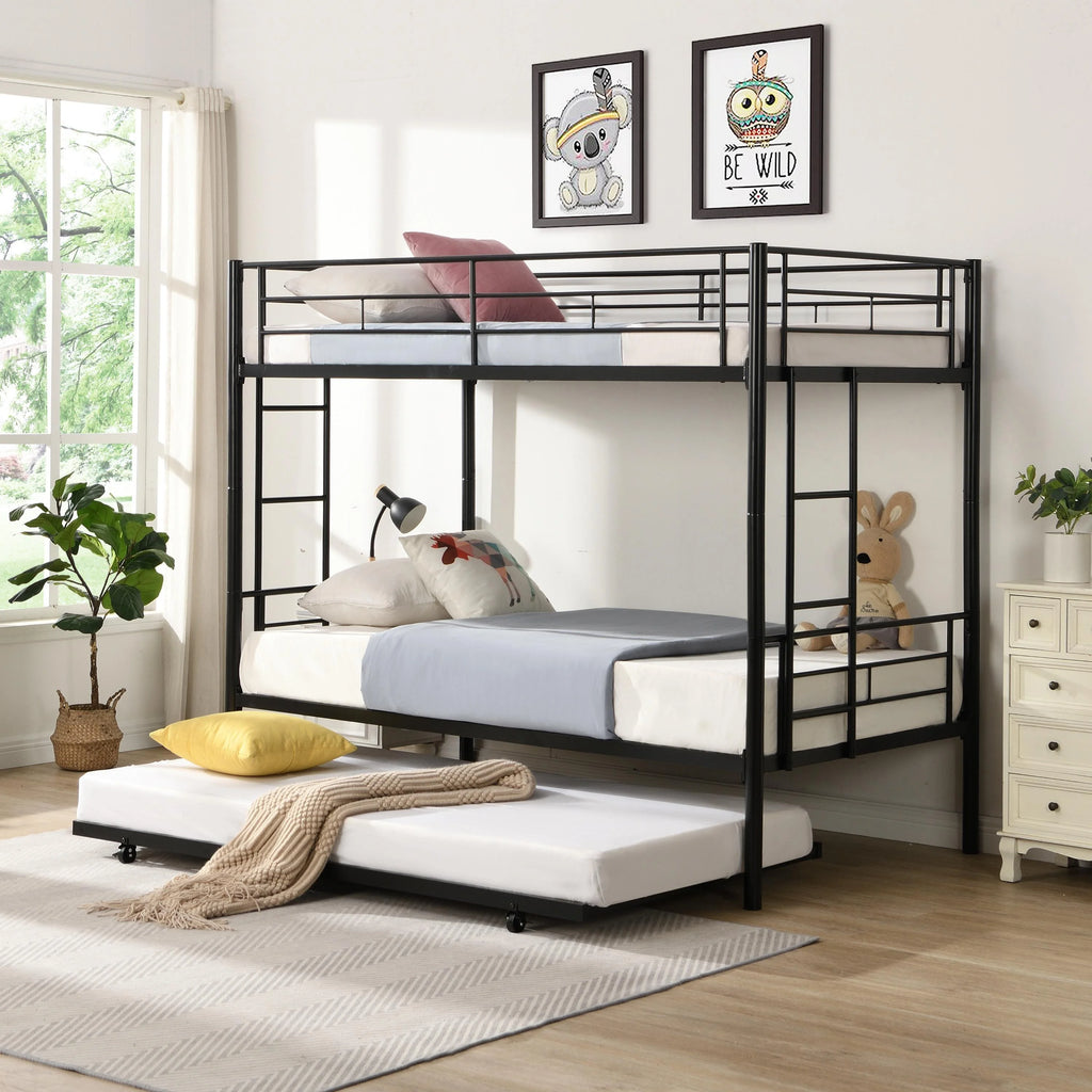 Black Twin Over Twin Metal Bunk Bed with Trundle and Safety Rails V8937