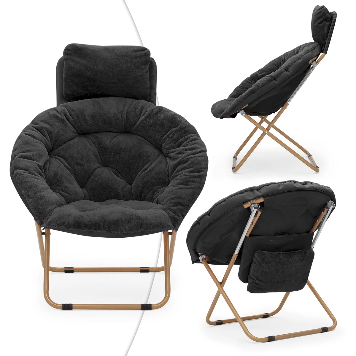 Black Faux Fur Folding Saucer Chairs with Pillow M63824