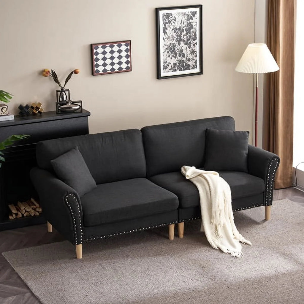 Black Upholstered 2-Seat Sofa with 2 Pillows N262