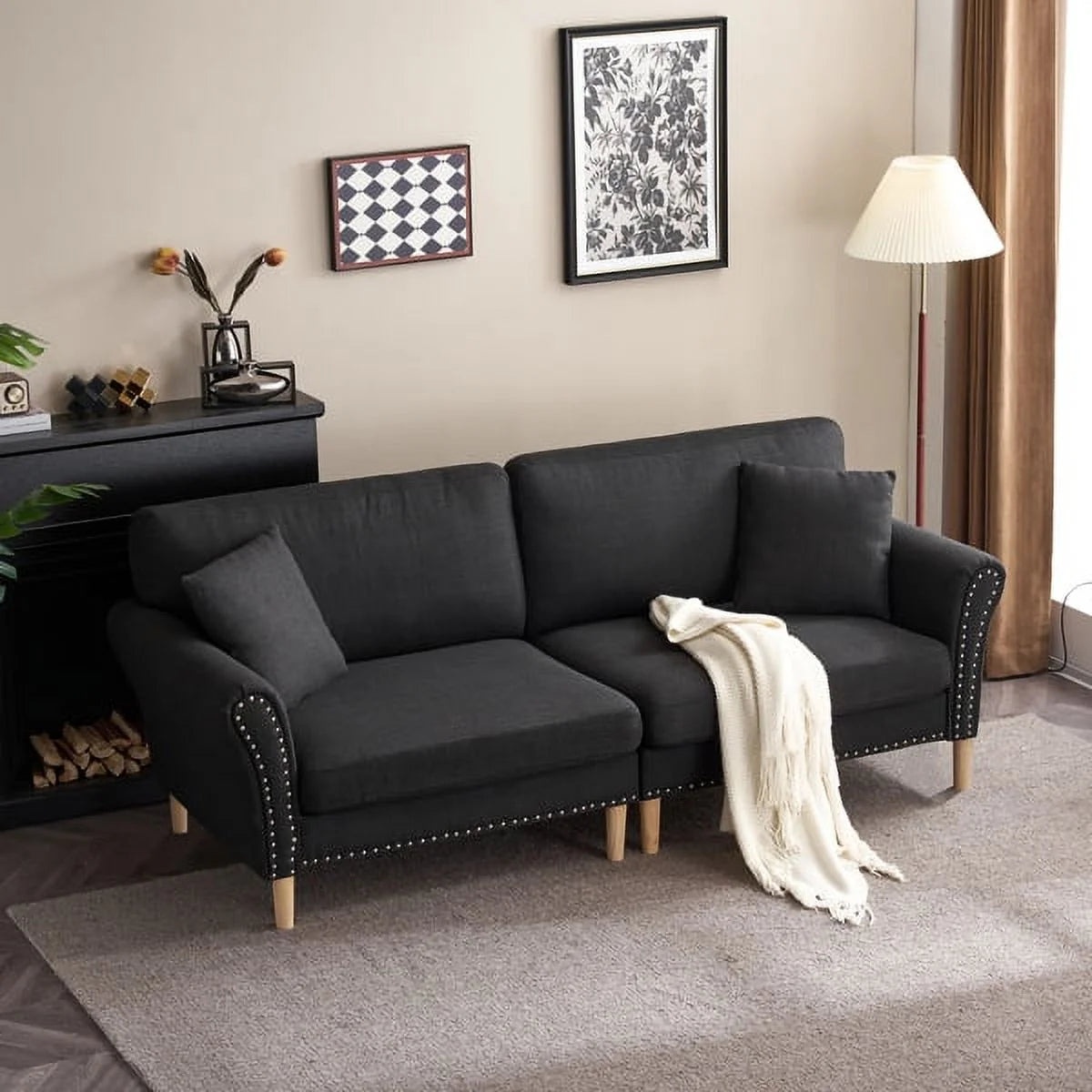 Black Upholstered 2-Seat Sofa with 2 Pillows N262